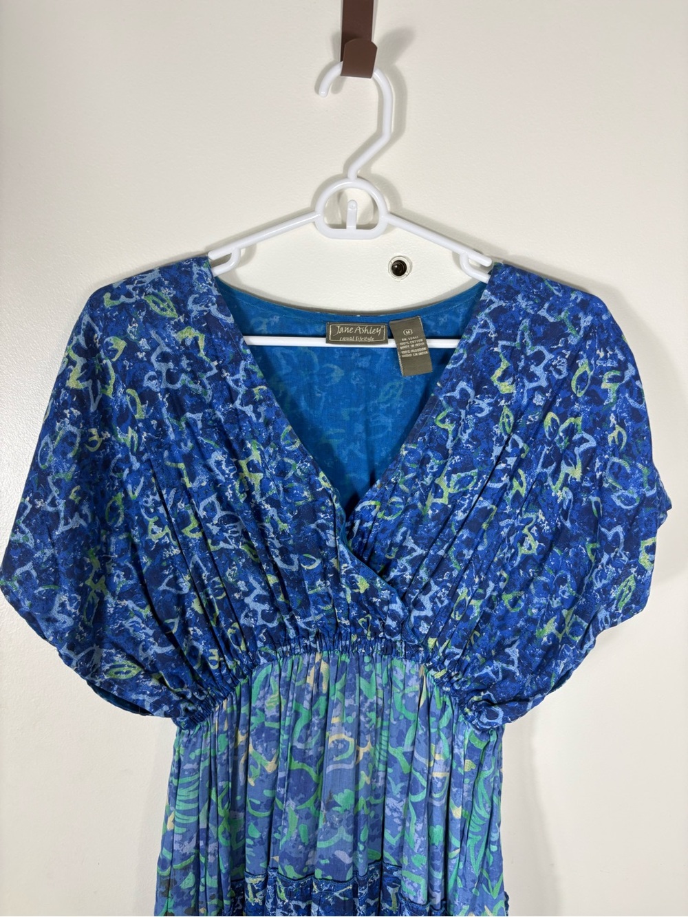 Jane Ashley Women  Sz M BlueTeal Boho cottagecore Tiered dolman V-Neck Midi Dres - Picture 2 of 6